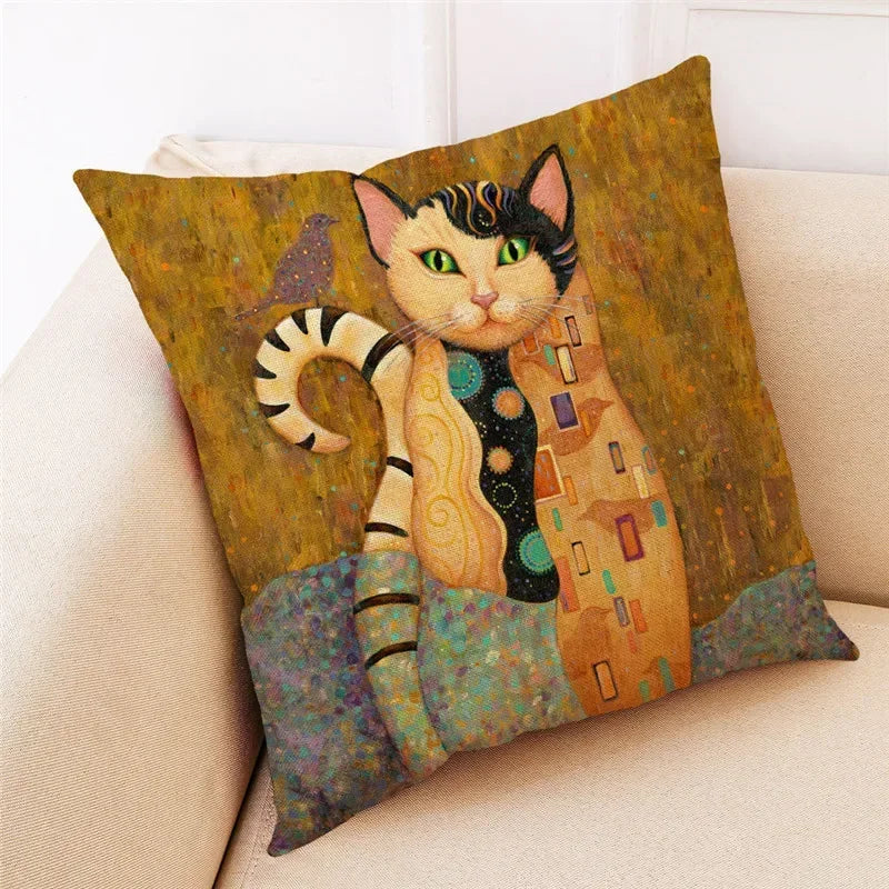 Axyaa Cat Print Linen Pillowcase 45x45cm Home Decor Cushion Cover