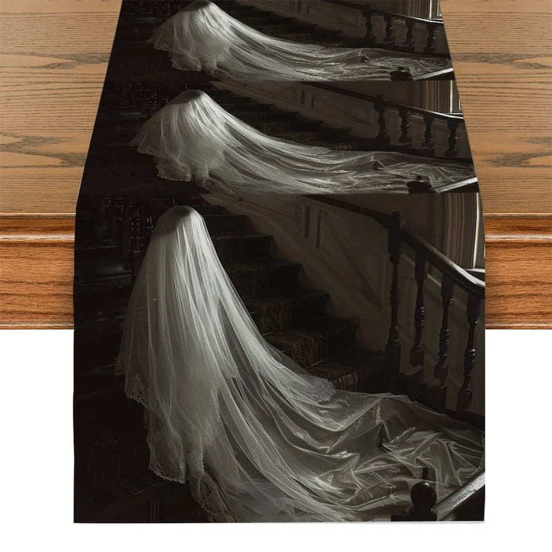 Axyaa Halloween Ghost House Table Runner - Indoor Outdoor Home Dining Decoration