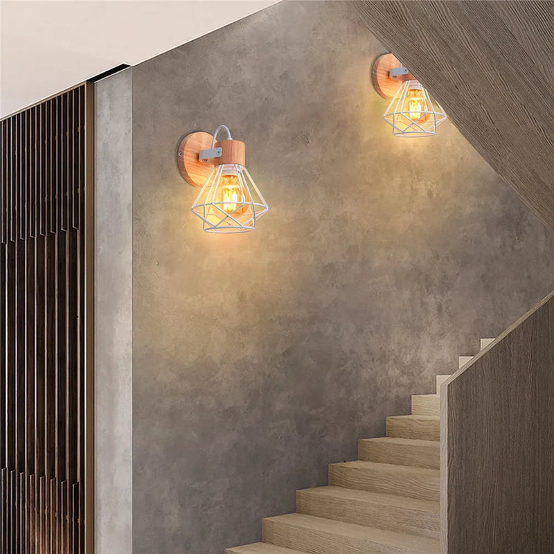 Axyaa Wood Iron Cage Wall Lamp Industrial Retro Sconce for Bedroom Aisle