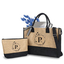 Axyaa Trendy Letter Print Jute Tote Bag Set, Large Waterproof Zipper Shoulder Bag