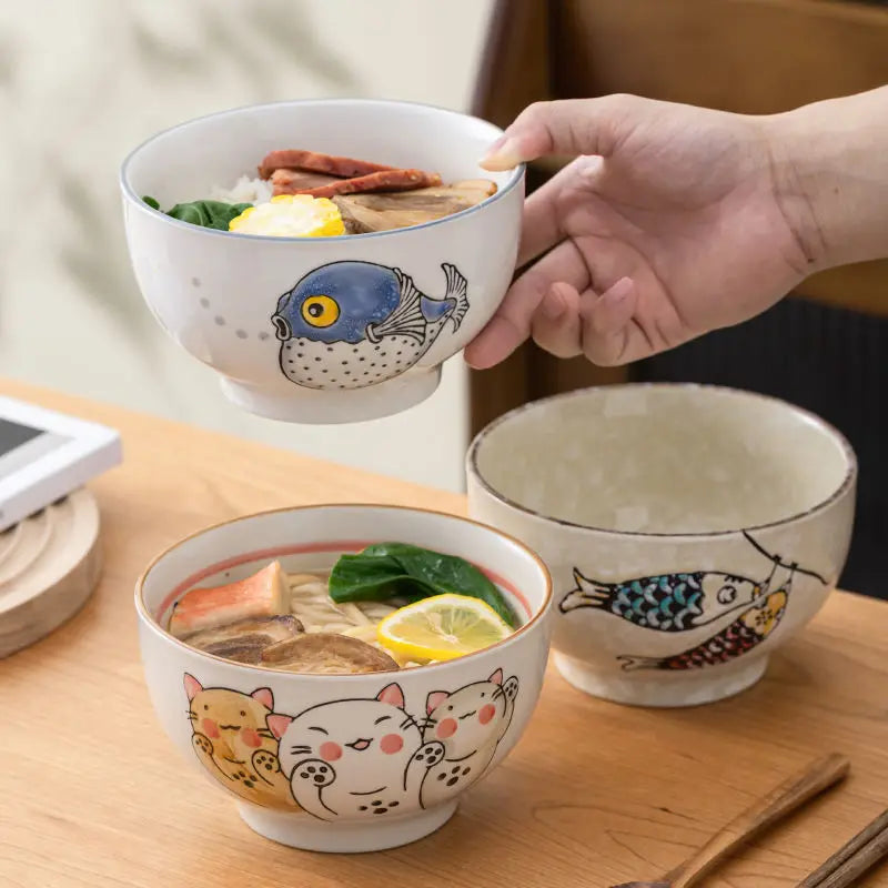 Axya Cartoon Ceramic Rice Bowl - Japanese Style Family Dinner Noodle Bowl