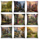 Axyaa Rustic Landscape Castle Lighthouse Oil Painting Cushion Cover