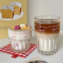 Axyaa Pink Bow Glass Cup Set - 2 Cups 260ml/380ml Iced Coffee Milk Juice Tumbler