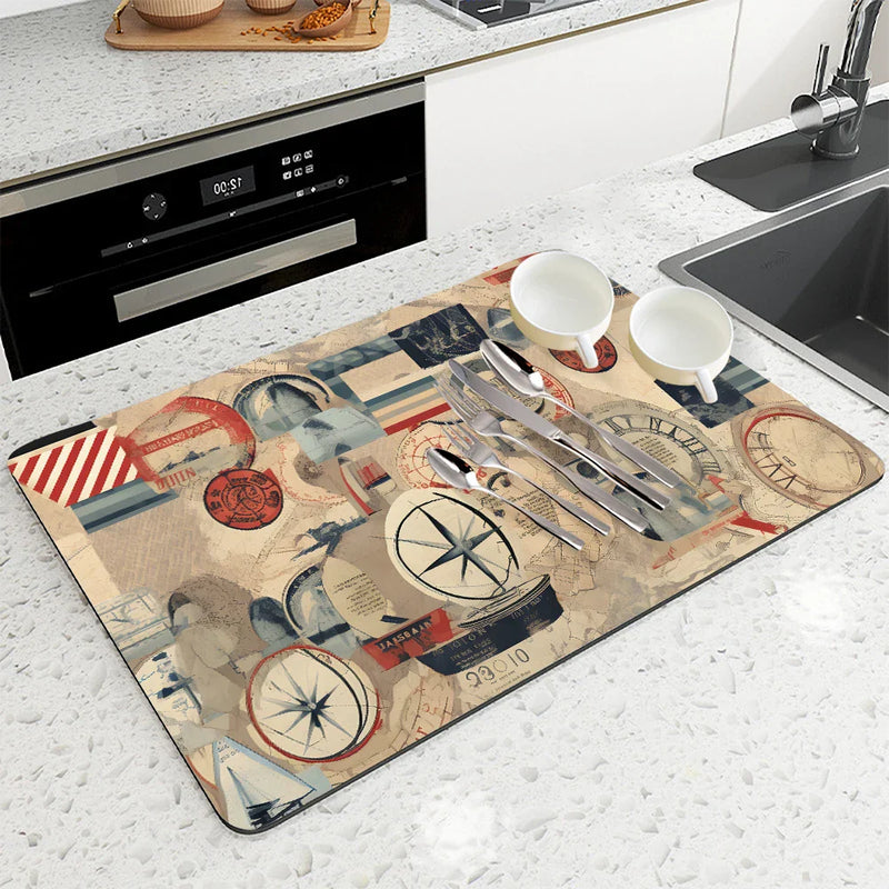Axyaa Sailboat Kitchen Drying Mat: Absorbent, Anti-Slip Table Placemat