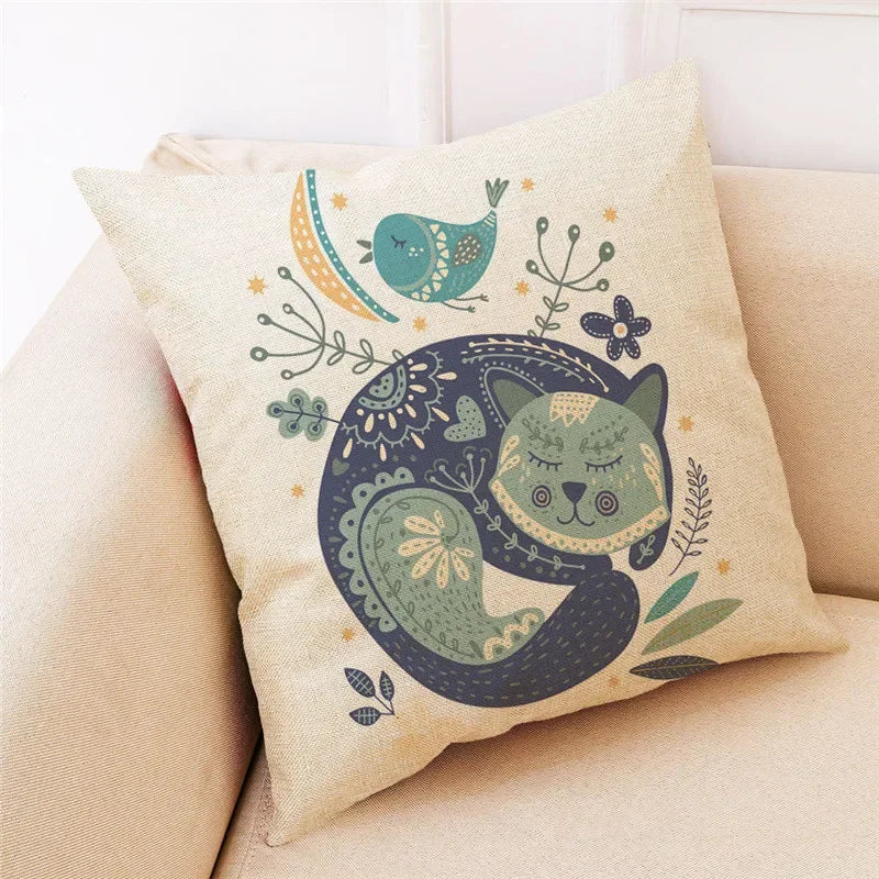 Axyaa Cartoon Cat Linen Pillowcase - Modern Home Decor, Kids Room Pillow Cover