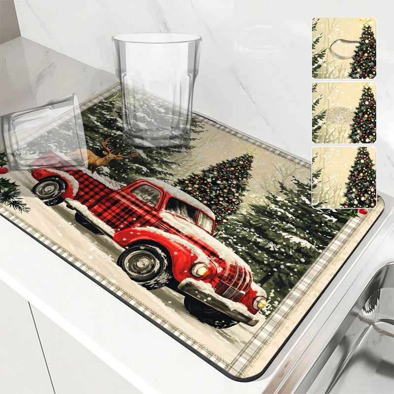 Axyaa Coffee Mat: Christmas Absorbent Draining Mat with Rubber Backing