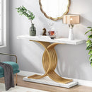 Axyaa Marble Top Console Table with Geometric Metal Legs, Modern 39-Inch Narrow Sofa Buffet