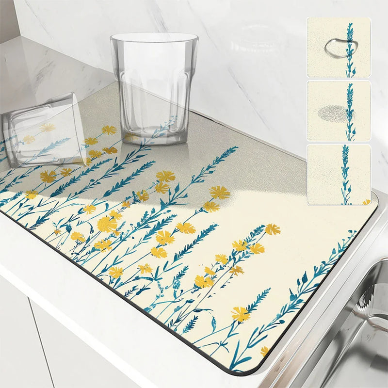 Axyaa Spring Flowers Kitchen Mat Absorbent Antiskid Quick Dry Bathroom Tableware Drain Pad