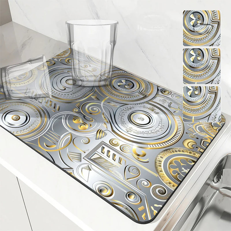 Axyaa Metallic Pattern Coffee Mat: Quick Kitchen Drying Mat for Draining Dishes & Utensils