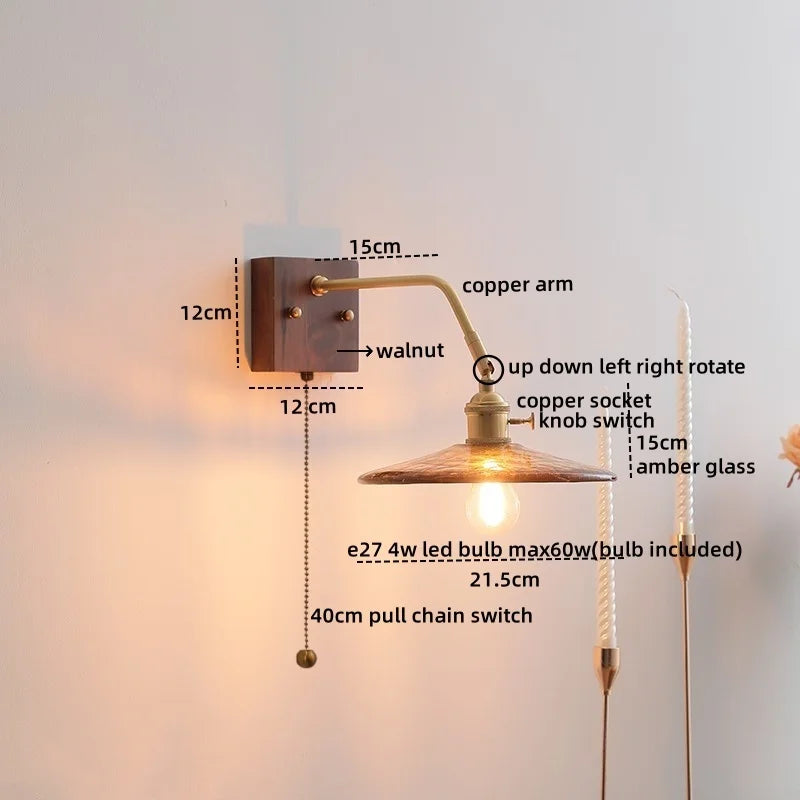 Axyaa Glass Walnut LED Wall Light Fixtures for Modern Home Decor