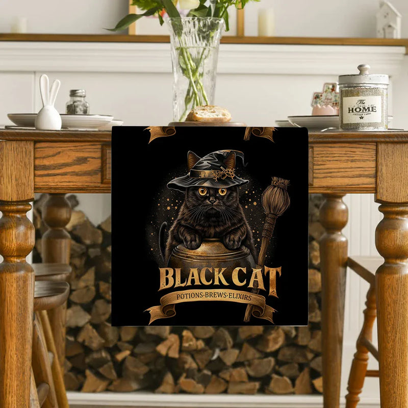 Axyaa Black Cat Broom Jar Hat Table Runner Halloween Decor