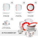 Axyaa Felisa 30-Piece Porcelain Dinner Set in Red Stripes and Ivory White