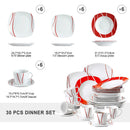 Axyaa 30-Piece Red Stripes Porcelain Dinner Set with Ivory White Finish