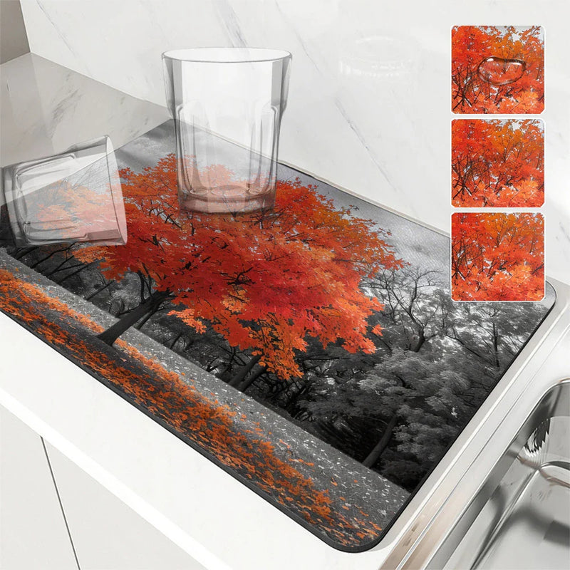 Maple Park Meadow Drying Mat by Axyaa: Non-Slip Absorbent Tableware Mat