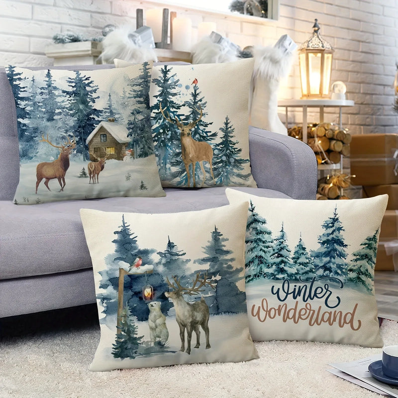 Axyaa Winter Holiday Pillowcase - Festive Elk Bear Tree Cushion Cover