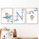 Nordic Bear Airplane Cloud Custom Name Poster Axyaa Kids Room Wall Art