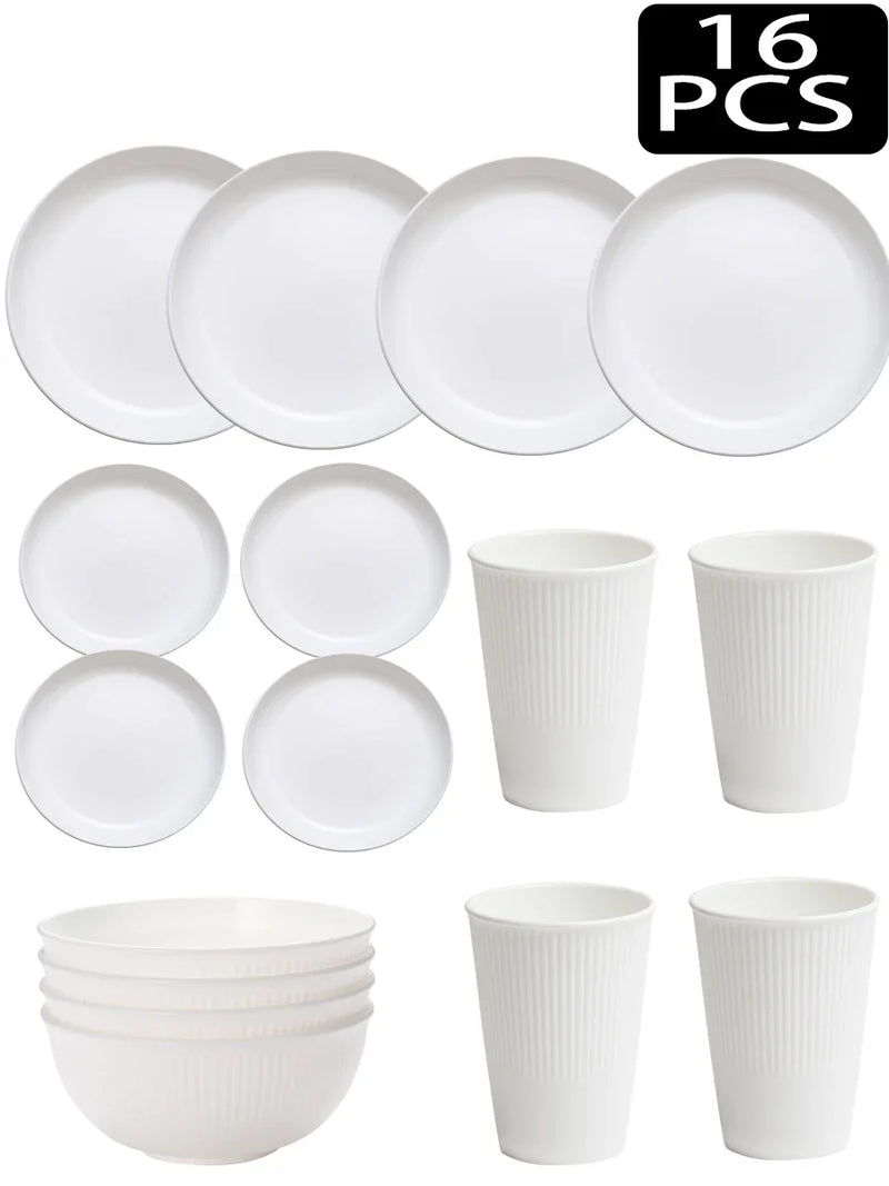 Axyaa 32pcs Reusable Plastic Cutlery Set, Wheat Bowls, Dessert Plates - Eco-Friendly Party Supplies
