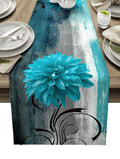 Axyaa Blue Dahlia Oil Painting Table Runner - Home Dinner Table Decor