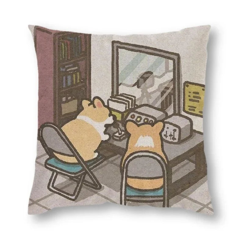 Axyaa Corgi Daily Life Linen Pillow Cover 45*45cm