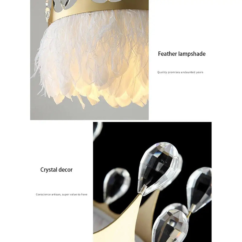Axyaa White Feather Pendant Light with Gold Crown & Crystal Decor for Girl's Room, E27 Socket
