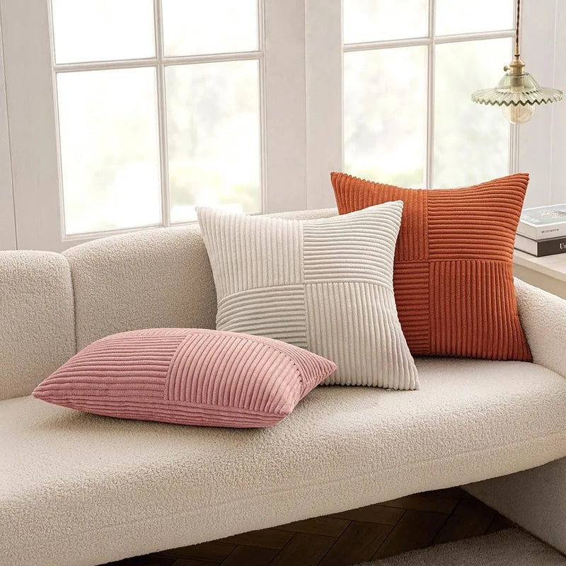 Axyaa Beige Corduroy Throw Pillow Covers 18x18 - Boho Home Decor for Sofa, Couch, Bed