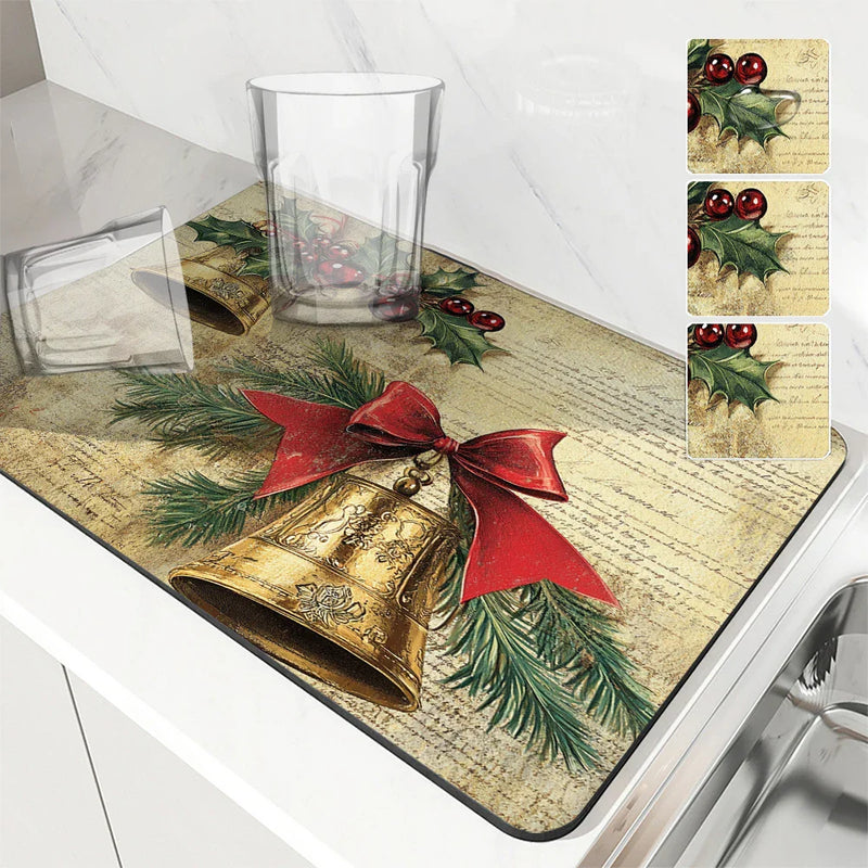 Axyaa Retro Style Christmas Bells & Bows Kitchen Drying Mat
