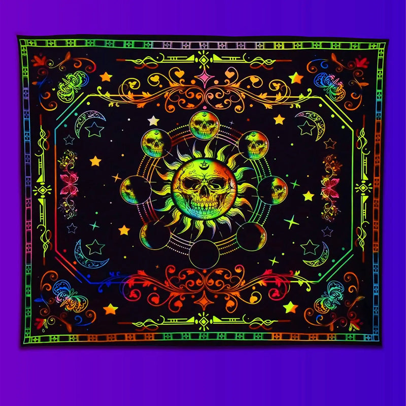 Axyaa Psychedelic Skull Head UV Reactive Tapestry Wall Hanging