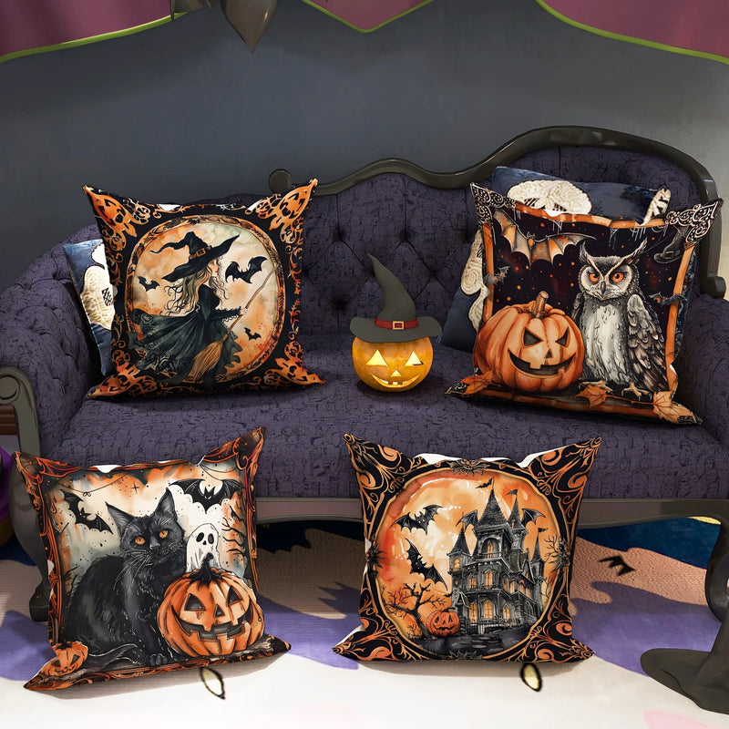 Axyaa Halloween Pillowcase: Witch Pumpkin Cat Castle Pattern for Living Room Sofa