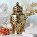 Axyaa Gold Ceramic Temple Jar with Lid, Home Decorative Vase, Hollow Storage Jar