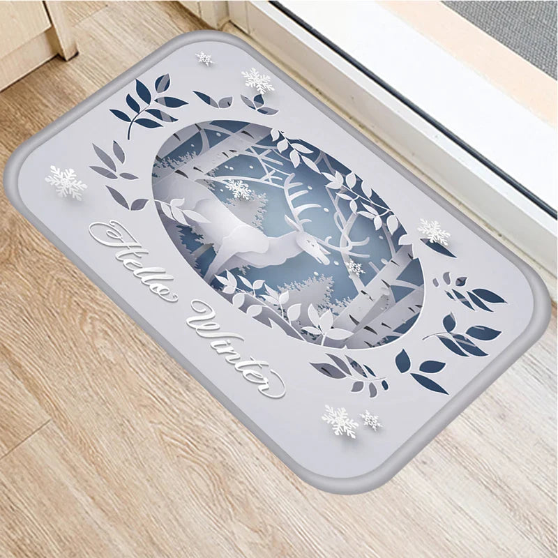 Christmas Snow Deer Pattern Printed Door Mat for Home Decor by Axyaa