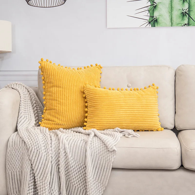 Lumbar Corduroy Boho Cushion Cover with Pom Pom Detail by Axyaa