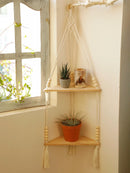 Axyaa Macrame Hanging Shelf | Boho Wood Floating Corner Wall Shelf