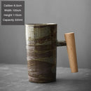 Axyaa Stoneware Coffee Mug with Wooden Handle, Vintage Handmade Kiln Baked Cup