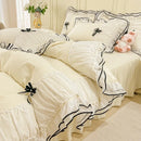 Axyaa Princess Bow Seersucker Bedding Set: Ruffle Lace Bed Skirt, Solid Duvet Cover Queen King