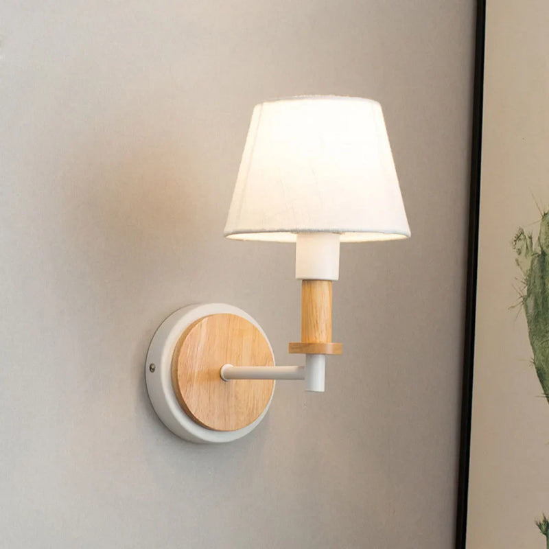 Nordic Wooden Wall Lights Bedside Lamp Modern Sconce for Bedroom with White Lampshade, Axyaa Brand