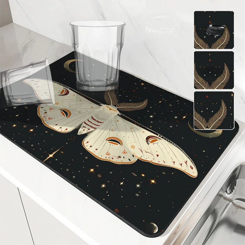 Axyaa Moon Moths Drain Pad: Non-slip Dish Drying Mat for Kitchen Counter