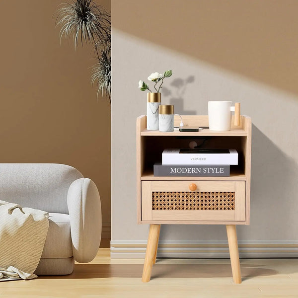 Axyaa Boho Rattan Nightstand - Chic Storage Solution for Modern Bedrooms