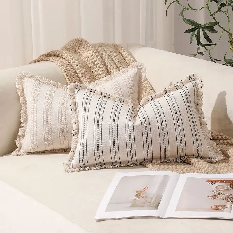 Boho Fringed Edge Striped Pillow Covers 30x50 for Living Room Sofa by Axyaa