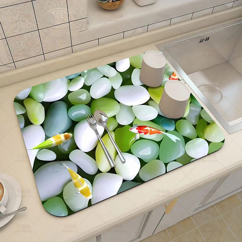Axyaa 3D Visual Effect Drain Mat - Absorbent, Non-Slip, Anti-Mildew Kitchen Tableware Mat