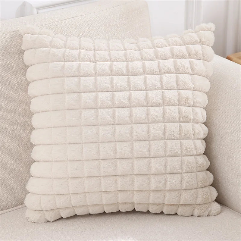 Axyaa Faux Rabbit Fur Plaid Throw Pillow Covers Soft Fluffy Home Decor Case