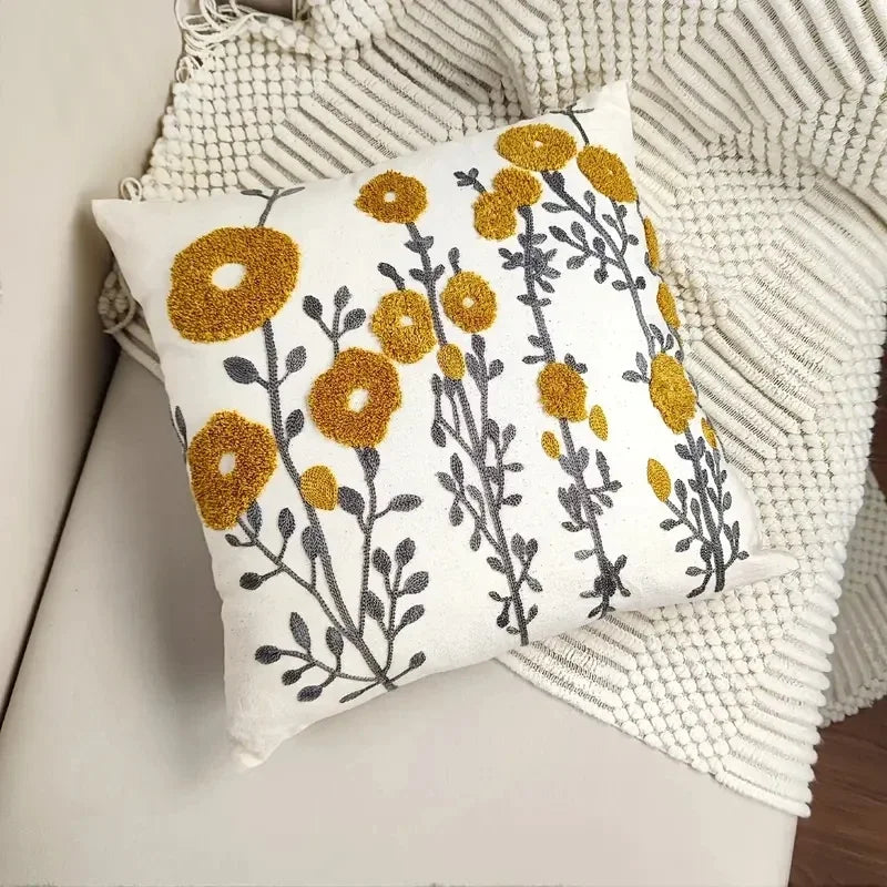 Boho Floral Tufted Cotton Throw Pillow Cover for Couch and Bed by Axyaa