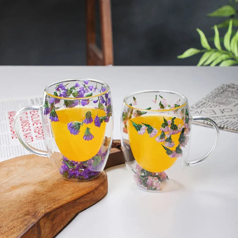 Axya Double Wall Glass Coffee Mugs 350ml Elegant Flower Design