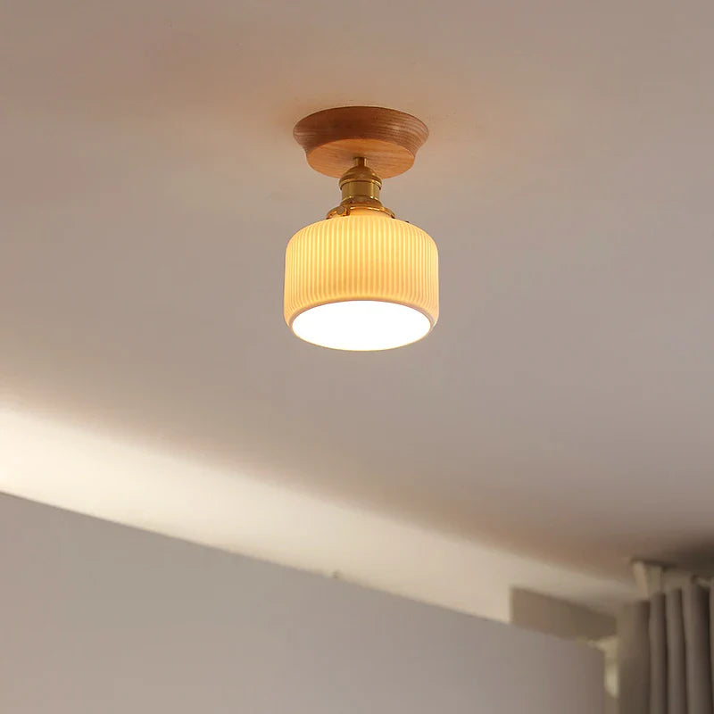 Axyaa White Ceramic LED Ceiling Light with Wood Canopy for Kitchen Living Room