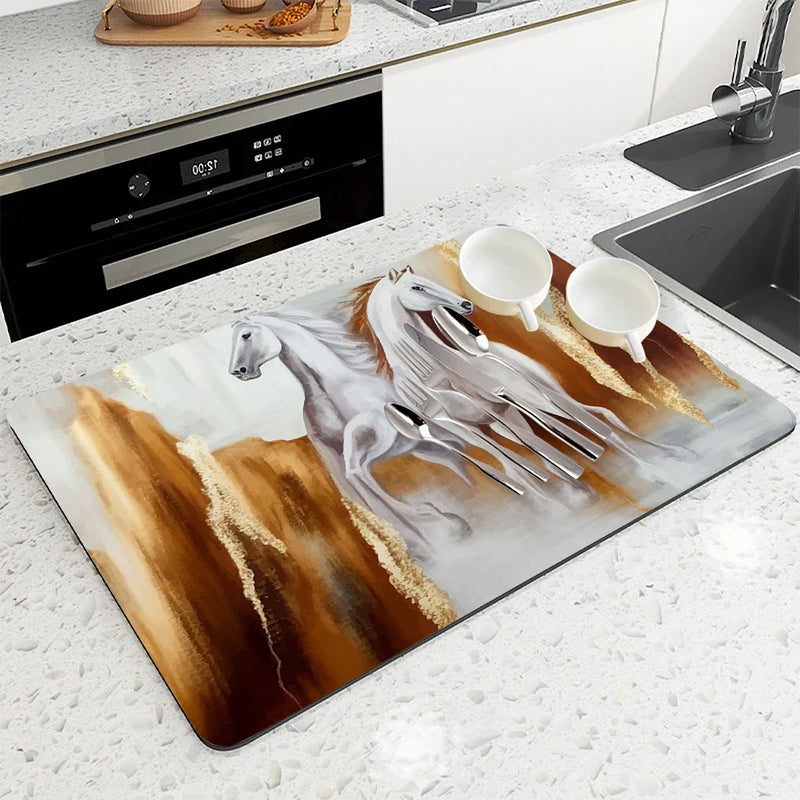 Axyaa Absorbent Horse Flower Kitchen Mat, Quick Dry Tableware Mat