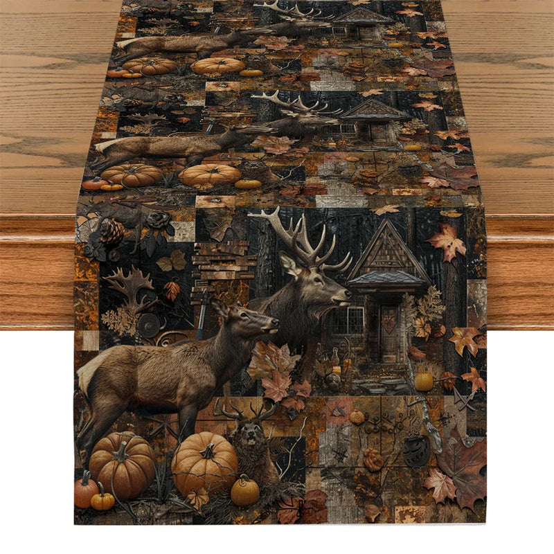 Axyaa Autumn Elk Pumpkin Table Runner for Kitchen Dining Decor
