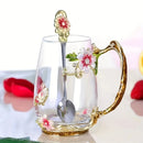 Enamel Flower Tea Glass Mug with Lid & Spoon by Axyaa