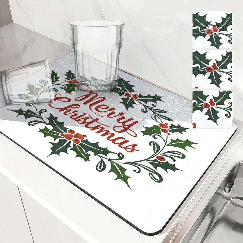 Christmas Bells Drying Mat: Absorbent Dish & Cup Placemat by Axyaa