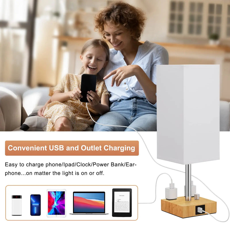 Axyaa USB-C+A Charging Ports Dimmable Bedside Lamp White Lampshade