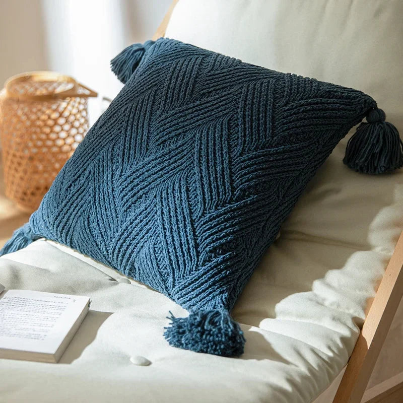Axyaa Twill Knit Cushion Cover 45x45cm - Solid Pillow Case with Tassels