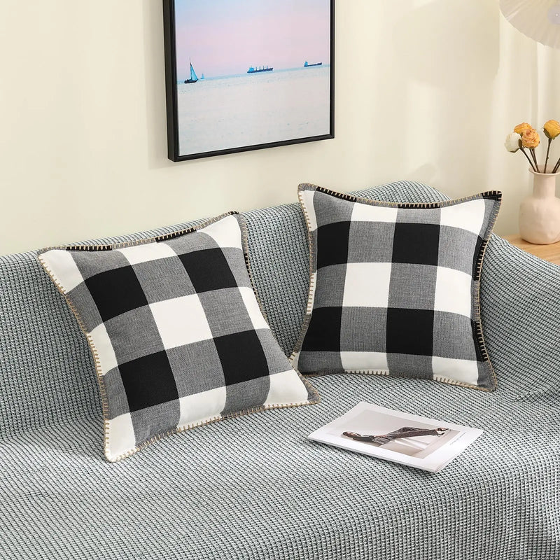 Axyaa Plaid Throw Pillow Covers 16x16in Set of 2 - Luxury Soft Home Decor Cushion Cases